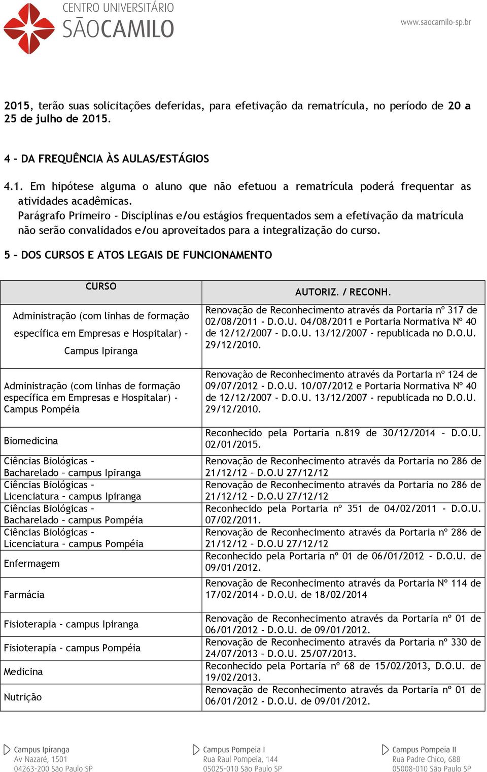 5 DOS CURSOS E ATOS LEGAIS DE FUNCIONAMENTO CURSO Administração (com linhas de formação específica em Empresas e Hospitalar) - Campus Ipiranga Administração (com linhas de formação específica em