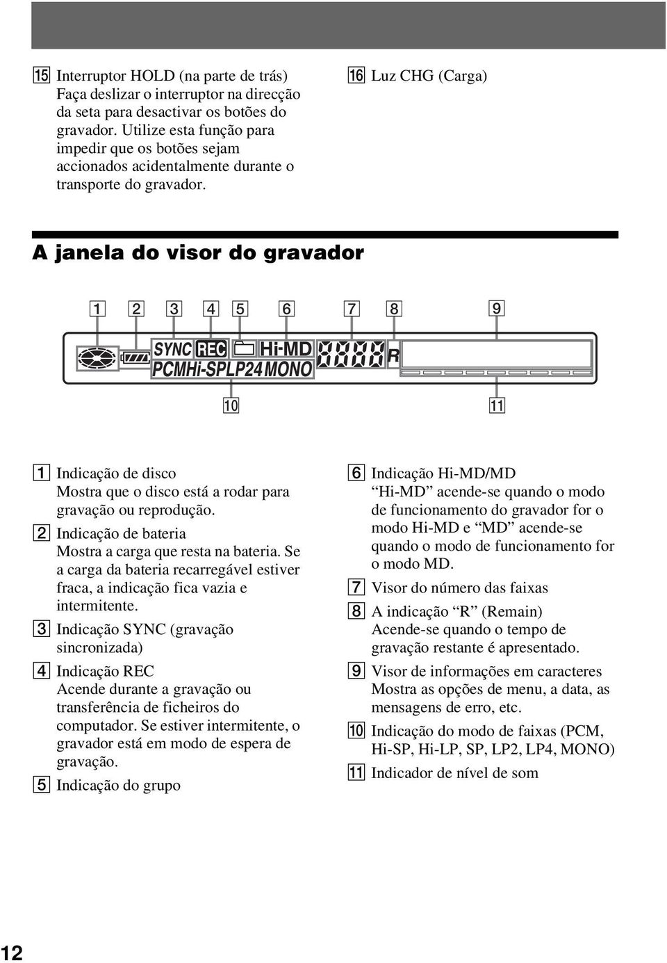 P Luz CHG (Carga) A janela do visor do gravador 1 2 3 4 5 6 7 8 9 0 qa A Indicação de disco Mostra que o disco está a rodar para gravação ou reprodução.