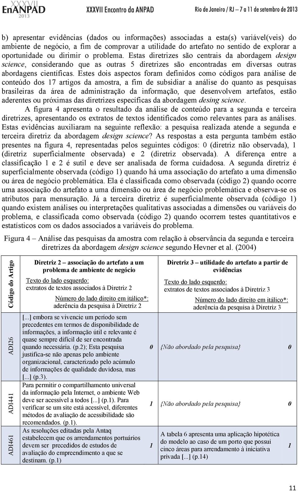 Estes dois aspectos foram definidos como códigos para análise de conteúdo dos 7 artigos da amostra, a fim de subsidiar a análise do quanto as pesquisas brasileiras da área de administração da