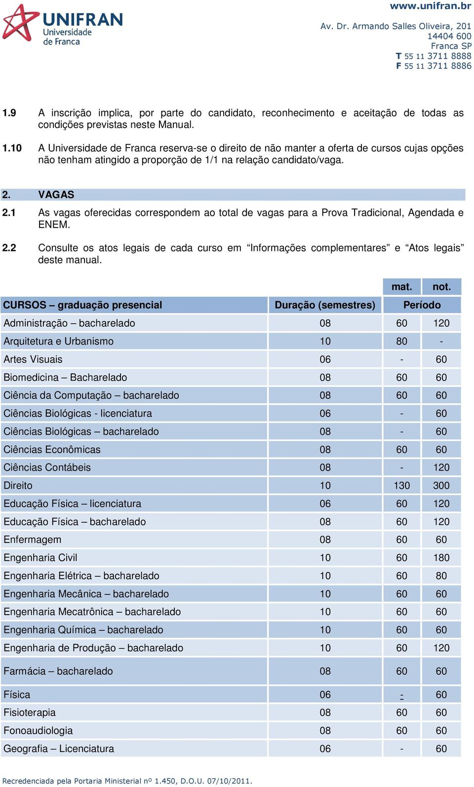 1 As vagas oferecidas correspondem ao total de vagas para a Prova Tradicional, Agendada e ENEM. 2.2 Consulte os atos legais de cada curso em Informações complementares e Atos legais deste manual.