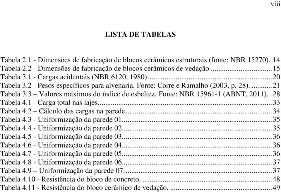 Fonte: NBR 15961-1 (ABNT, 2011).. 28 Tabela 4.1 - Carga total nas lajes.... 33 Tabela 4.2 Cálculo das cargas na parede... 34 Tabela 4.3 - Uniformização da parede 01... 35 Tabela 4.