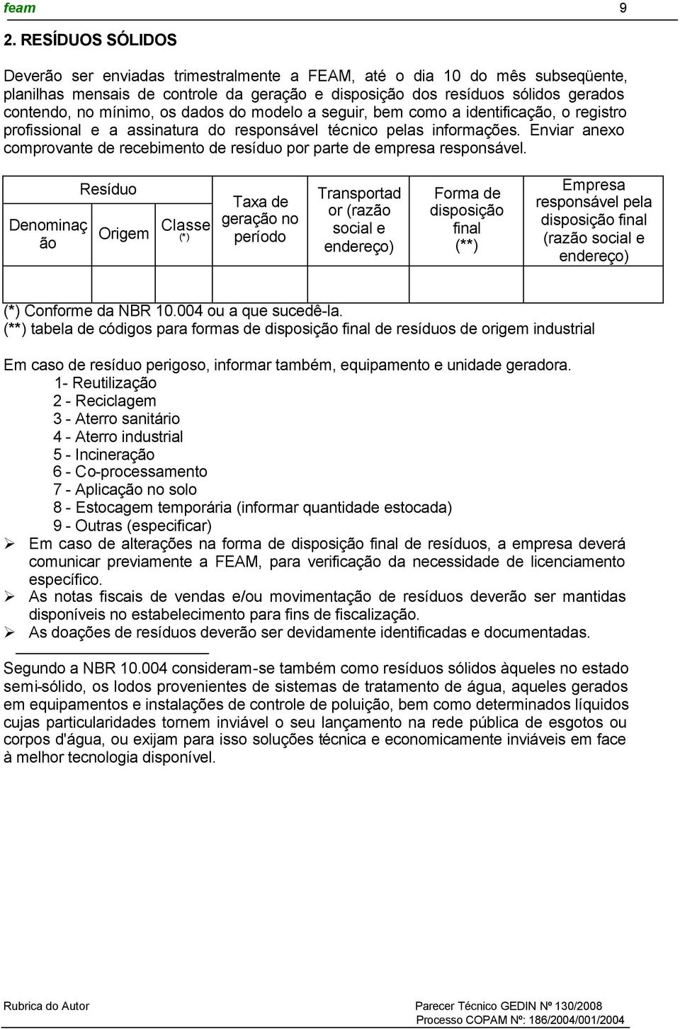 Enviar anexo comprovante de recebimento de resíduo por parte de empresa responsável.