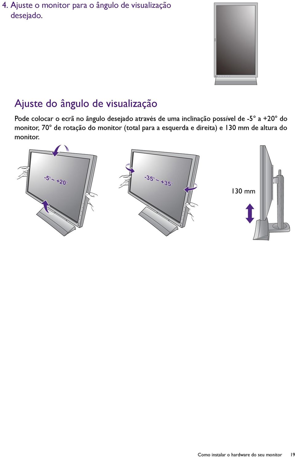 inclinação possível de -5 a +20 do monitor, 70 de rotação do monitor (total para a