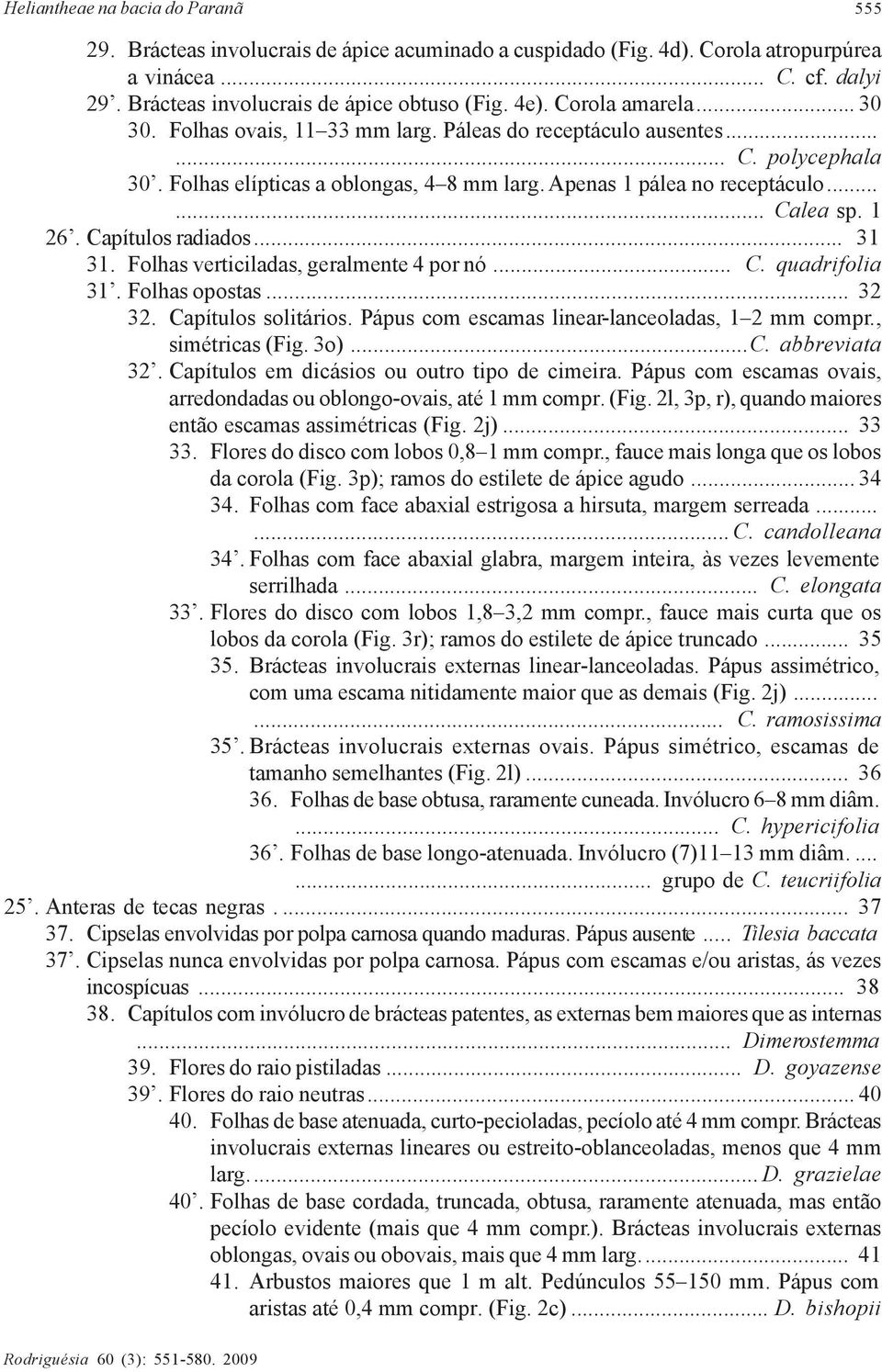 1 26. Capítulos radiados... 31 31. Folhas verticiladas, geralmente 4 por nó... C. quadrifolia 31. Folhas opostas... 32 32. Capítulos solitários. Pápus com escamas linear-lanceoladas, 1 compr.