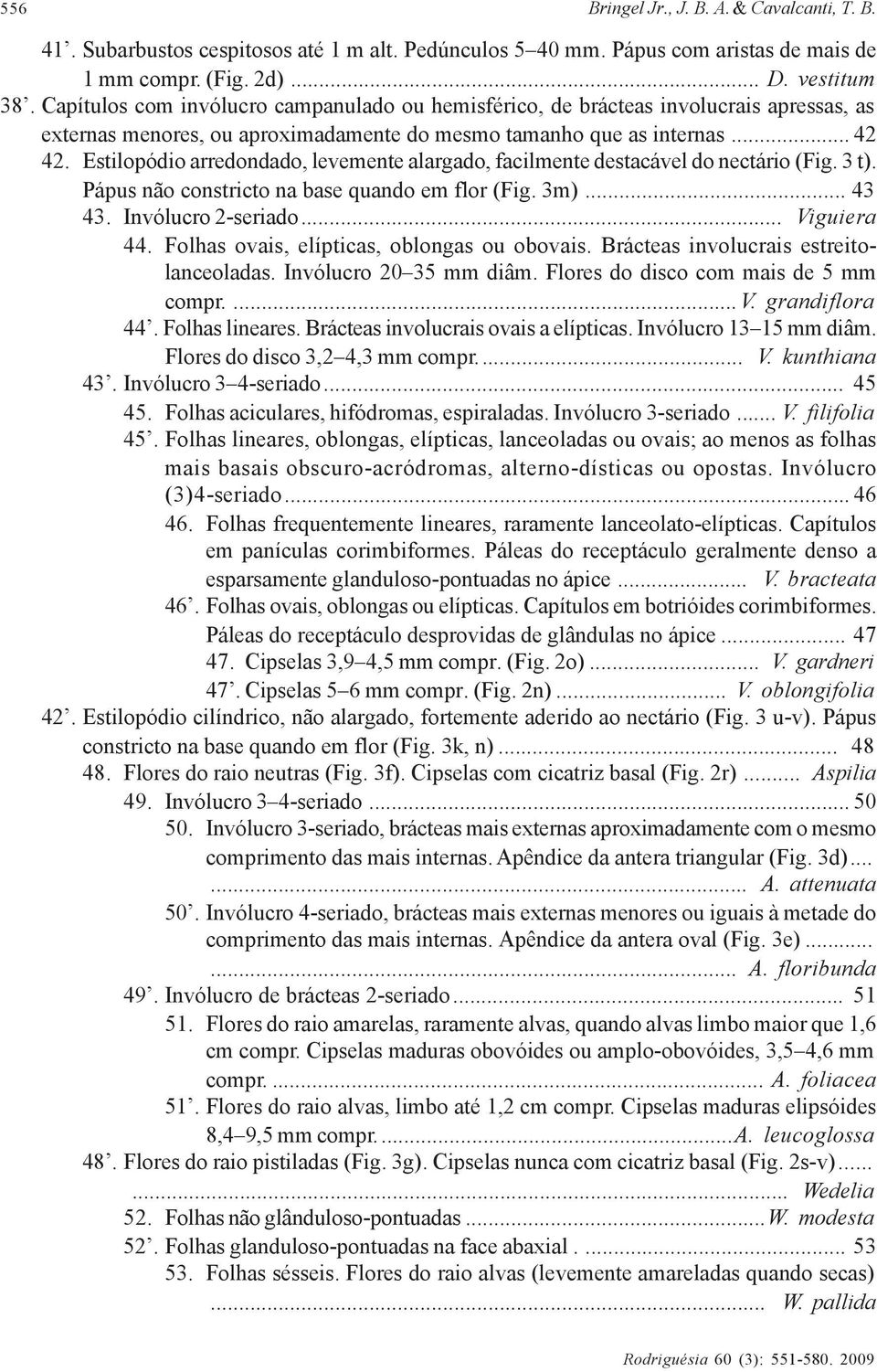 Estilopódio arredondado, levemente alargado, facilmente destacável do nectário (Fig. 3 t). Pápus não constricto na base quando em flor (Fig. 3m)... 43 43. Invólucro 2-seriado... Viguiera 44.