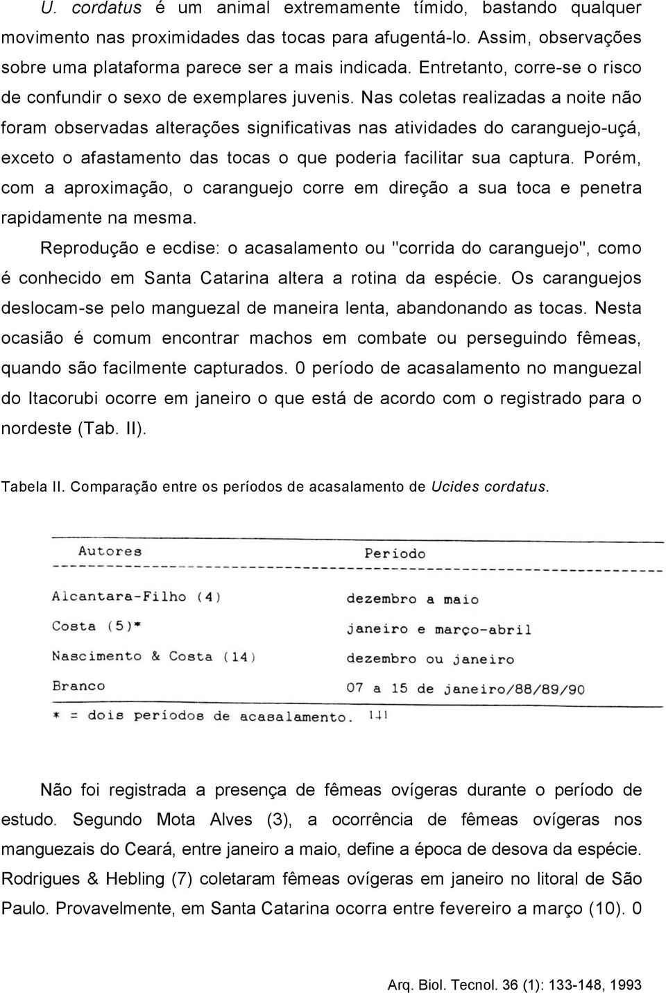 Nas coletas realizadas a noite não foram observadas alterações significativas nas atividades do caranguejo-uçá, exceto o afastamento das tocas o que poderia facilitar sua captura.