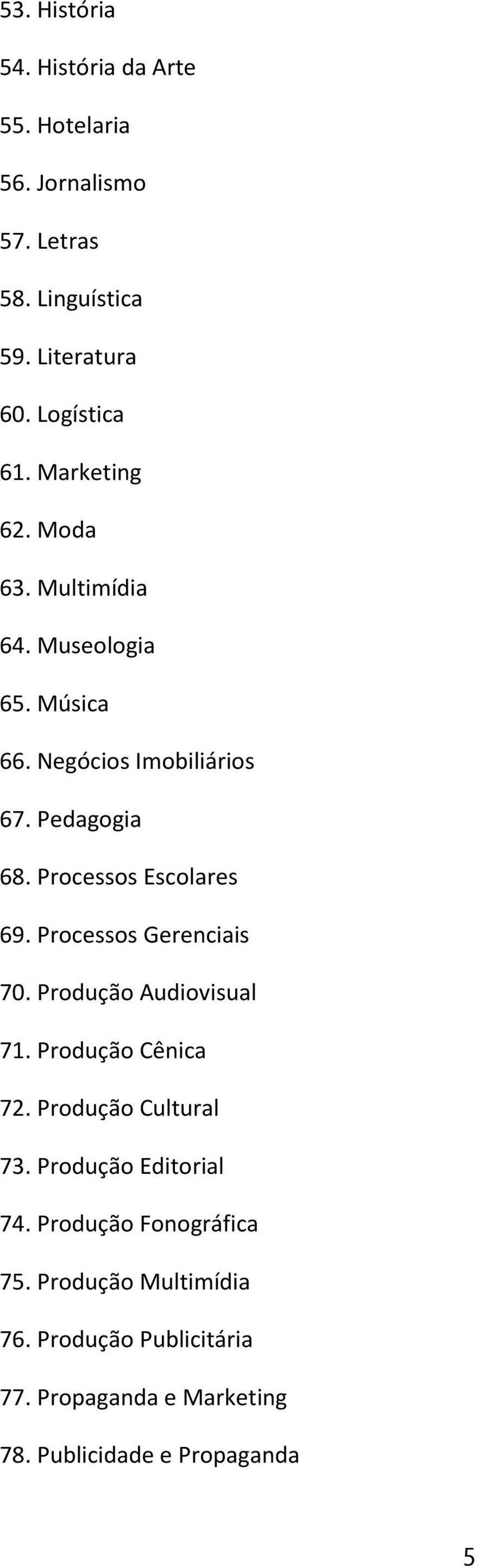 Processos Escolares 69. Processos Gerenciais 70. Produção Audiovisual 71. Produção Cênica 72. Produção Cultural 73.