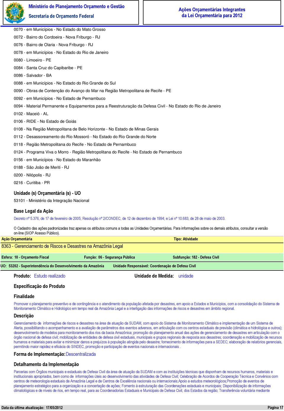 Recife - PE 0092 - em Municípios - No Estado de Pernambuco 0094 - Material Permanente e Equipamentos para a Reestruturação da Defesa Civil - No Estado do Rio de Janeiro 0102 - Maceió - AL 0106 - RIDE