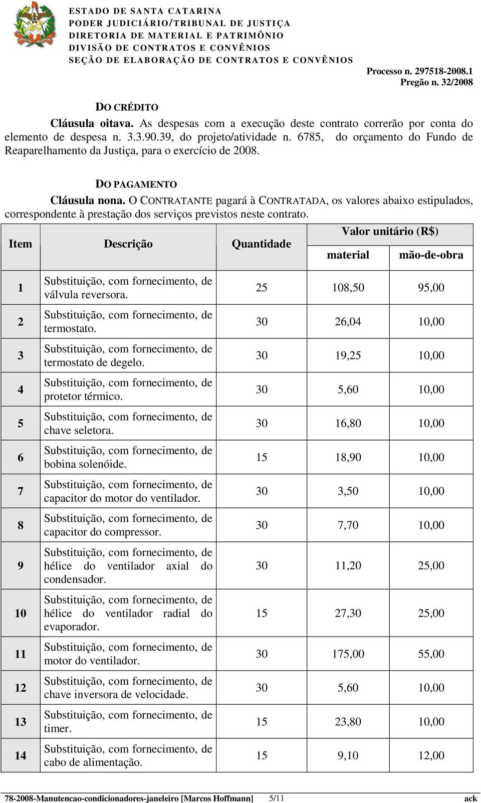 O CONTRATANTE pagará à CONTRATADA, os valores abaixo estipulados, correspondente à prestação dos serviços previstos neste contrato.