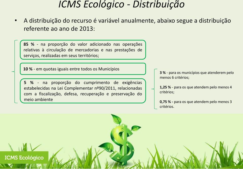 Municípios 5 % - na proporção do cumprimento de exigências estabelecidas na Lei Complementar nº90/2011, relacionadas com a fiscalização, defesa, recuperação e preservação