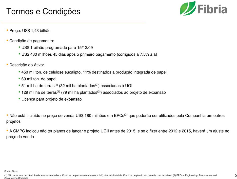 de papel 51 mil ha de terras (1) (32 mil ha plantados (2) ) associadas à UGI 129 mil ha de terras (1) (79 mil ha plantados (2) ) associados ao projeto de expansão Licença para projeto de expansão Não