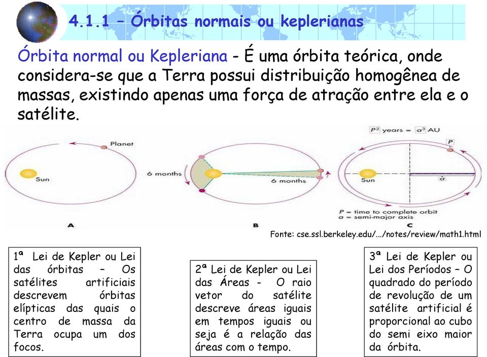 html 1ª Lei de Kepler ou Lei das órbitas Os satélites artificiais descrevem órbitas elípticas das quais o centro de massa da Terra ocupa um dos focos.