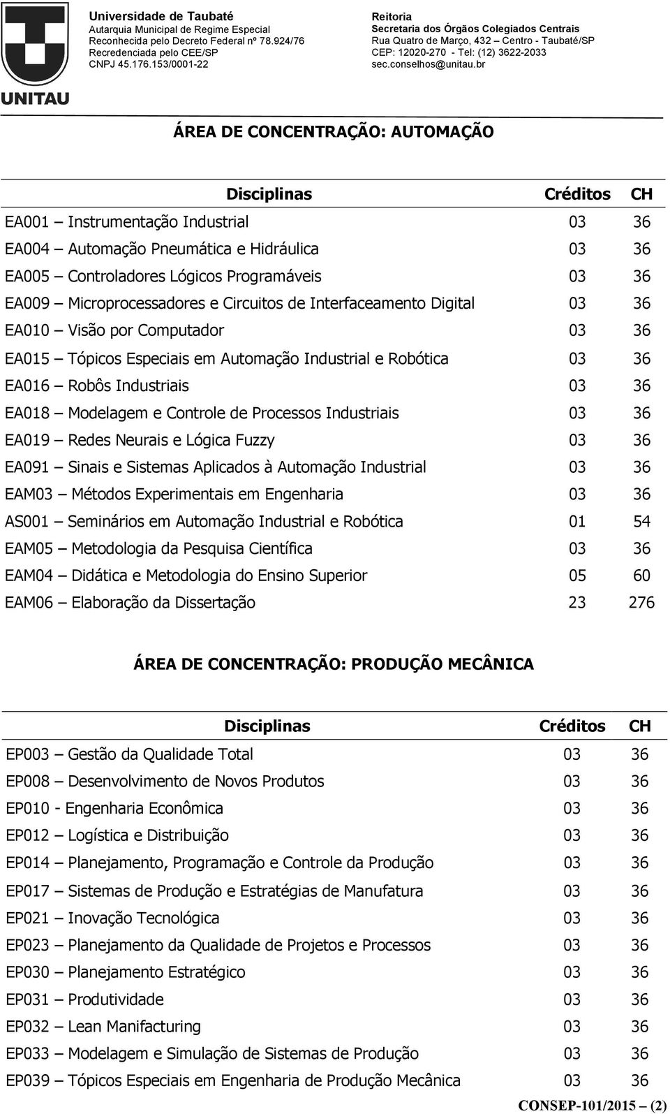 Processos Industriais 03 36 EA019 Redes Neurais e Lógica Fuzzy 03 36 EA091 Sinais e Sistemas Aplicados à Automação Industrial 03 36 EAM03 Métodos Experimentais em Engenharia 03 36 AS001 Seminários em