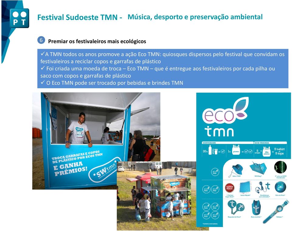 de plástico Foi criada uma moeda de troca Eco TMN que é entregue aos festivaleiros por cada