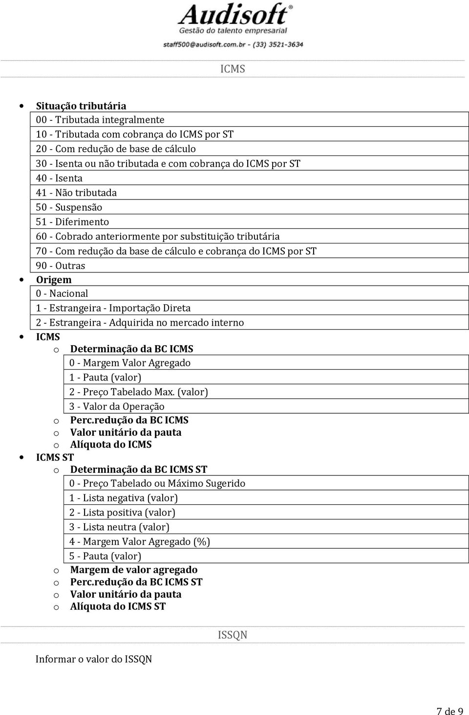 Imprtaçã Direta 2 - Estrangeira - Adquirida n mercad intern ICMS ICMS ST Determinaçã da BC ICMS 0 - Margem Valr Agregad 1 - Pauta (valr) 2 - Preç Tabelad Max. (valr) 3 - Valr da Operaçã Perc.