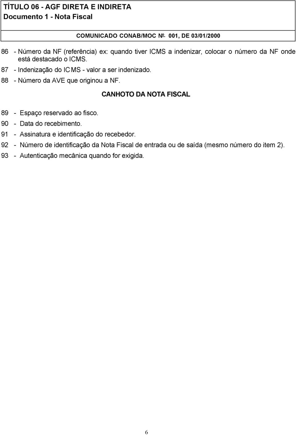 CANHOTO DA NOTA FISCAL 89 - Espaço reservado ao fisco. 90 - Data do recebimento.