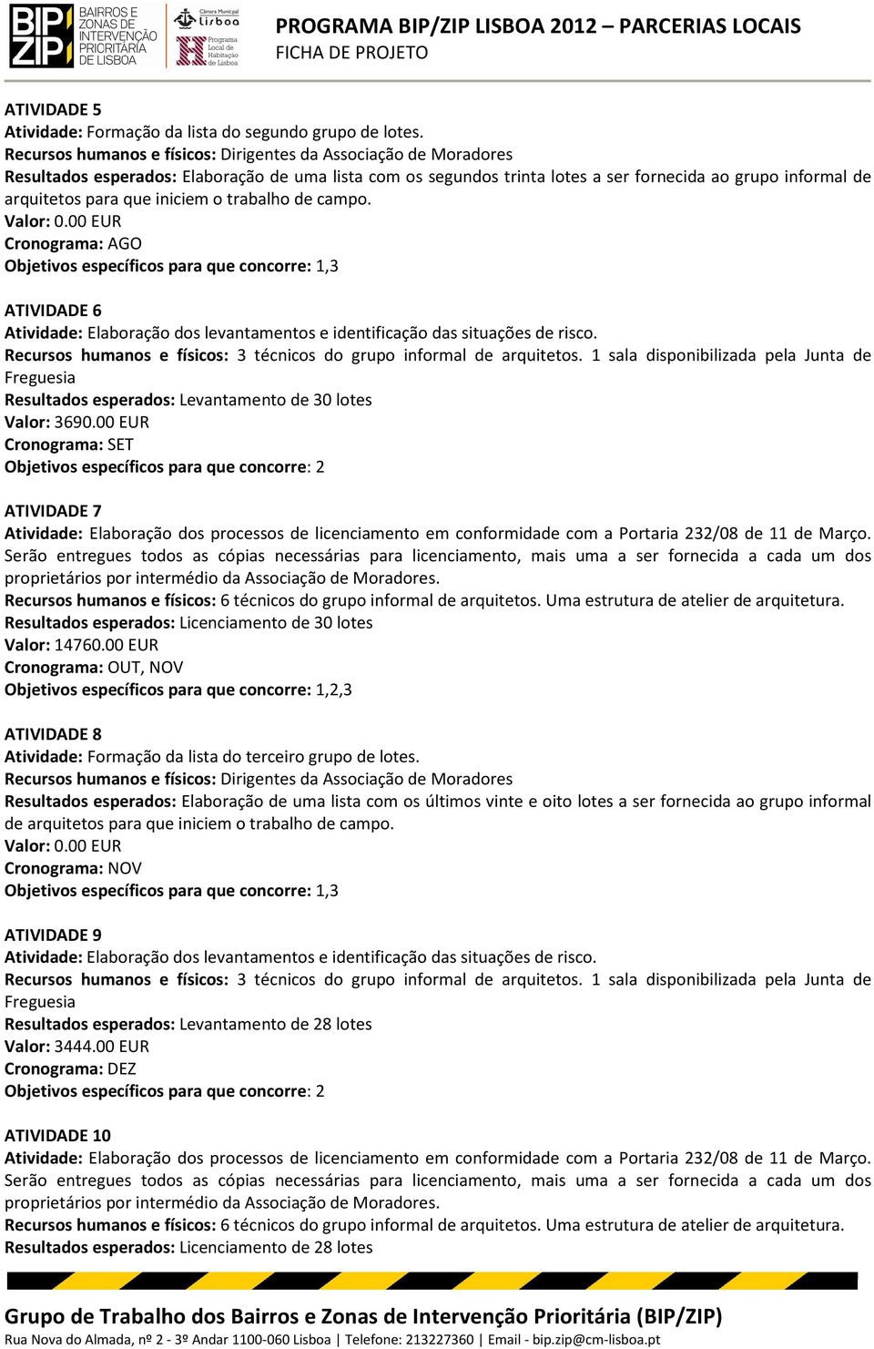 Cronograma: AGO ATIVIDADE 6 Atividade: Elaboração dos levantamentos e identificação das situações de risco. Recursos humanos e físicos: 3 técnicos do grupo informal de arquitetos.