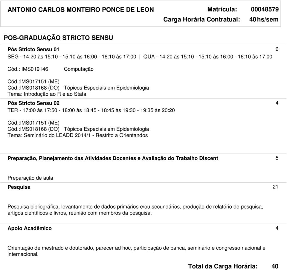 :IMS018168 (DO) Tópicos Especiais em Epidemiologia Tema: Introdução ao R e ao Stata Pós Stricto Sensu 02 4 TER - 17:00 às 17:50-18:00 às 18:45-18:45 às