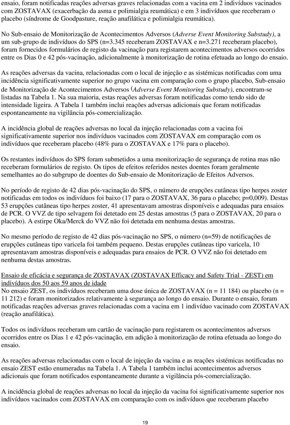 No Sub-ensaio de Monitorização de Acontecimentos Adversos (Adverse Event Monitoring Substudy), a um sub-grupo de indivíduos do SPS (n=3.345 receberam ZOSTAVAX e n=3.