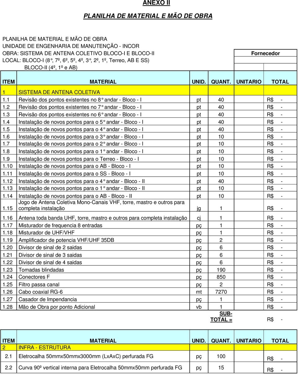 1 Revisão dos pontos existentes no 8 andar - Bloco - I pt 40 1.2 Revisão dos pontos existentes no 7 andar - Bloco - I pt 40 1.3 Revisão dos pontos existentes no 6 andar - Bloco - I pt 40 1.