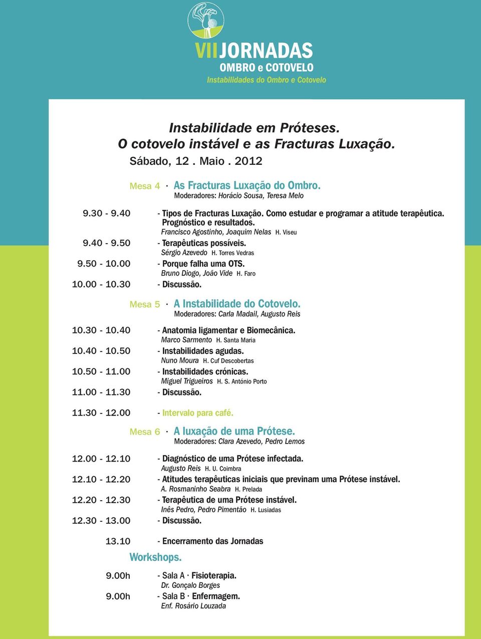 40 10.40-10.50 10.50-11.00 11.00-11.30 Instabilidade em Próteses. O cotovelo instável e as Fracturas Luxação. Sábado, 12. Maio. 2012 Mesa 4 As Fracturas Luxação do Ombro.