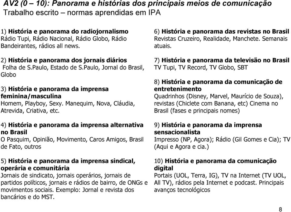 Paulo, Estado de S.Paulo, Jornal do Brasil, Globo 3) História e panorama da imprensa feminina/masculina Homem, Playboy, Sexy. Manequim, Nova, Cláudia, Atrevida, Criativa, etc.