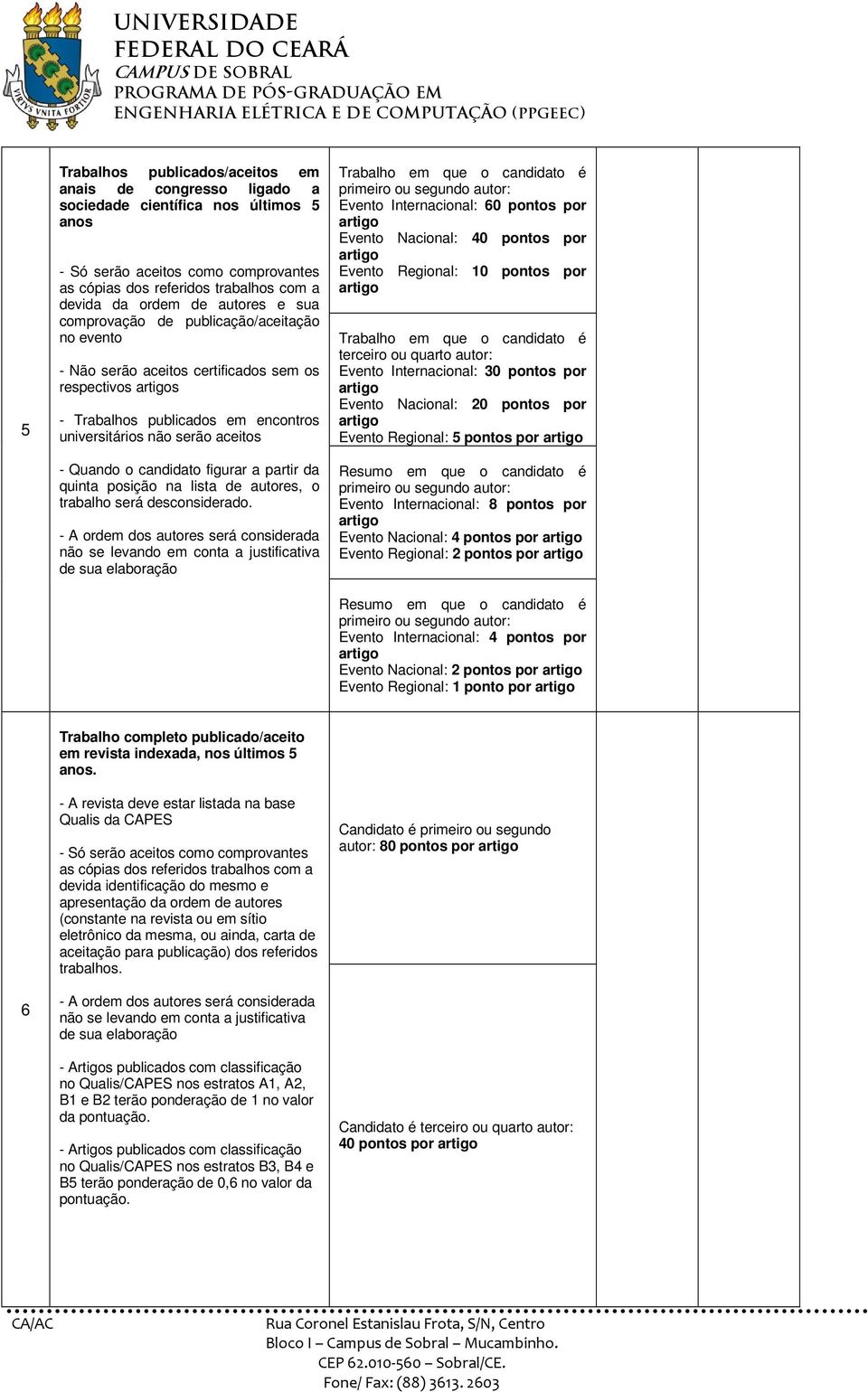 candidato figurar a partir da quinta posição na lista de autores, o trabalho será desconsiderado.