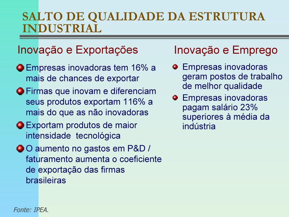 tecnológica O aumento no gastos em P&D / faturamento aumenta o coeficiente de exportação das firmas brasileiras Inovação e Emprego