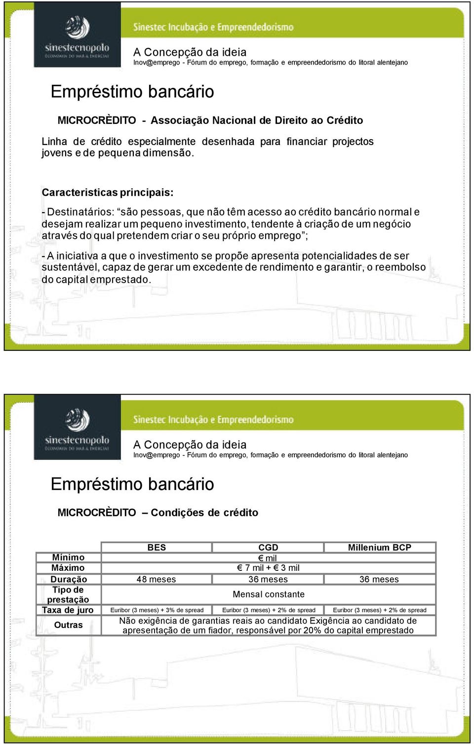 pretendem criar o seu próprio emprego ; - A iniciativa a que o investimento se propõe apresenta potencialidades de ser sustentável, capaz de gerar um excedente de rendimento e garantir, o reembolso