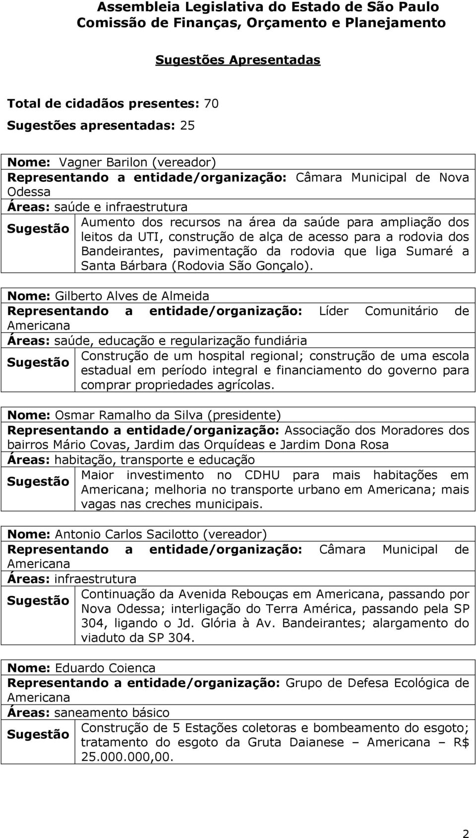 Nome: Gilberto Alves de Almeida Representando a entidade/organização: Líder Comunitário de Áreas: saúde, educação e regularização fundiária Construção de um hospital regional; construção de uma