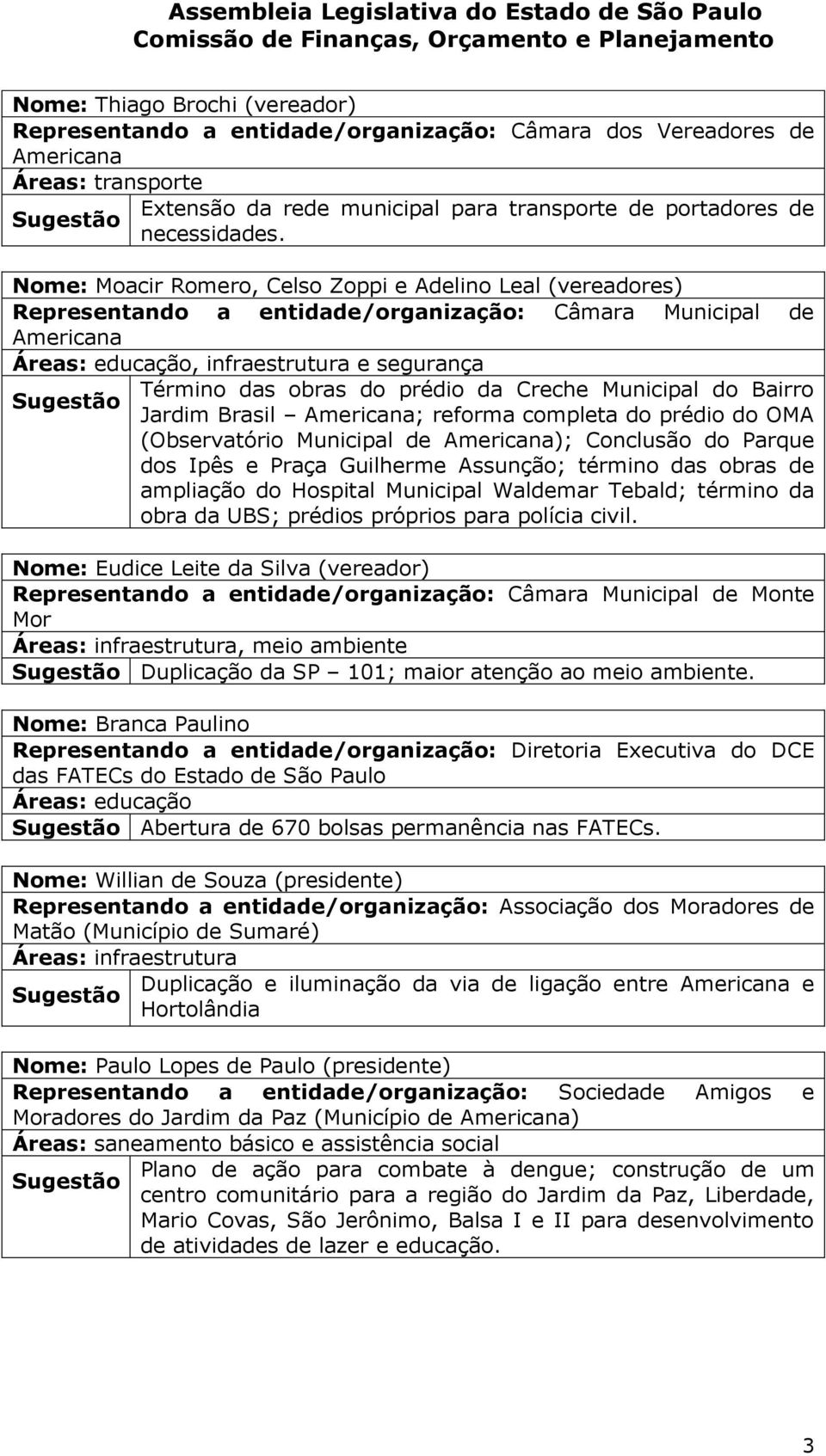 prédio do OMA (Observatório Municipal de ); Conclusão do Parque dos Ipês e Praça Guilherme Assunção; término das obras de ampliação do Hospital Municipal Waldemar Tebald; término da obra da UBS;