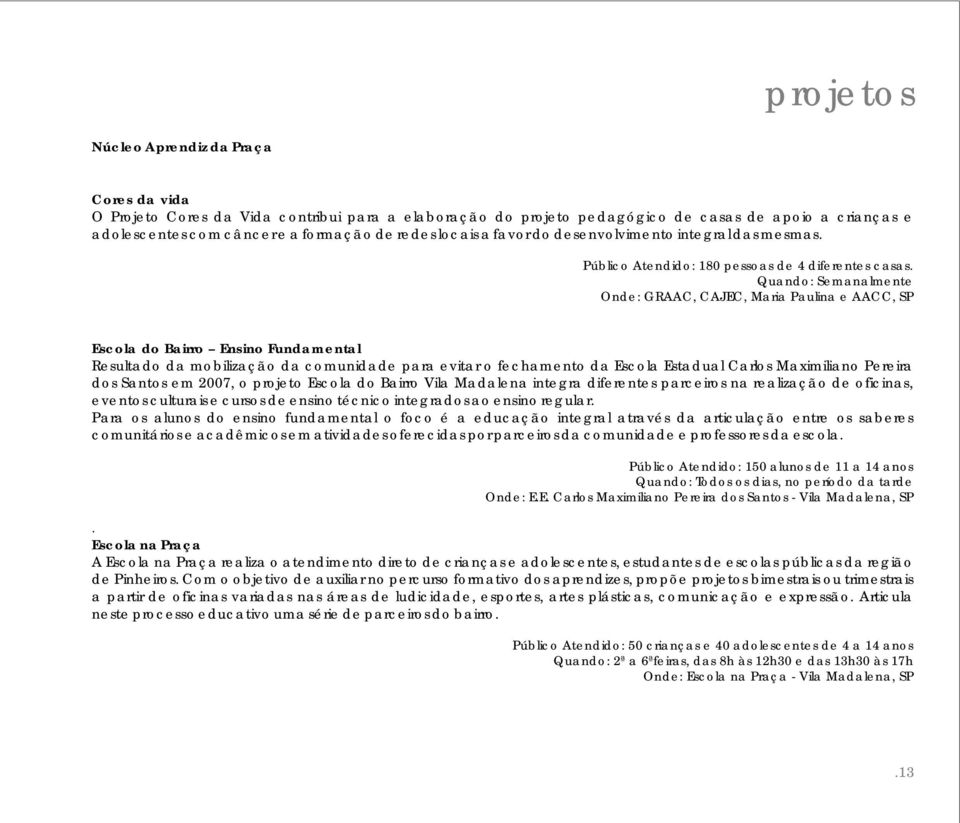 Quando: Semanalmente Onde: GRAAC, CAJEC, Maria Paulina e AACC, SP Escola do Bairro Ensino Fundamental Resultado da mobilização da comunidade para evitar o fechamento da Escola Estadual Carlos