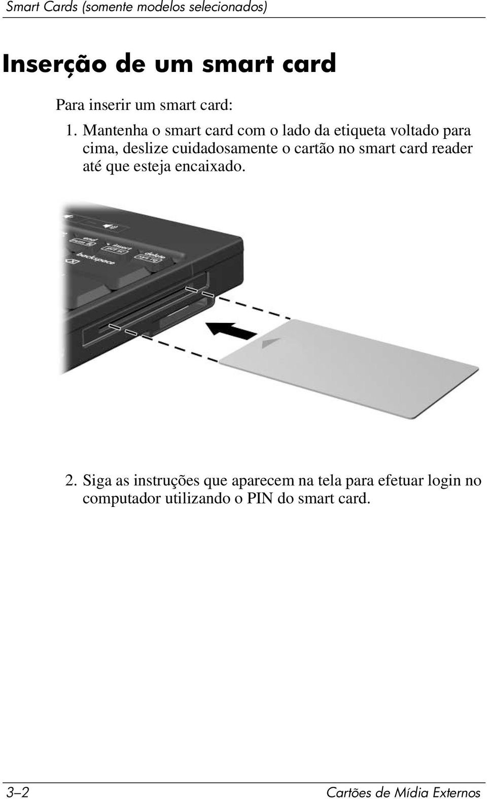 Mantenha o smart card com o lado da etiqueta voltado para cima, deslize cuidadosamente o