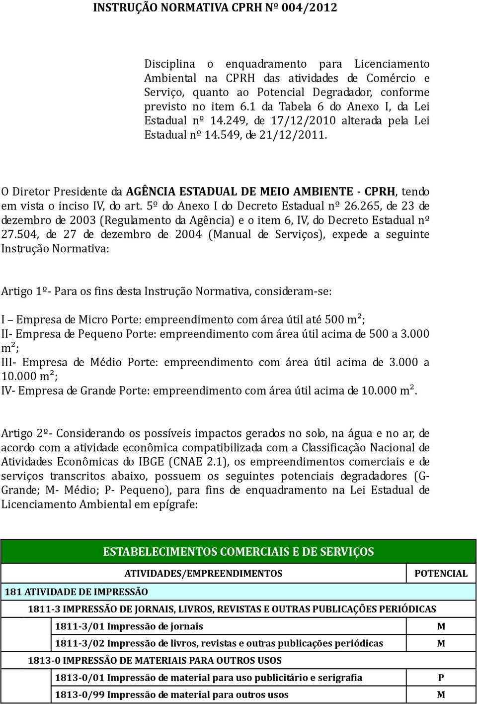 O Diretor residente da AÊNCIA ESTADUAL DE EIO ABIENTE - CRH, tendo em vista o inciso IV, do art. 5º do Anexo I do Decreto Estadual nº 26.