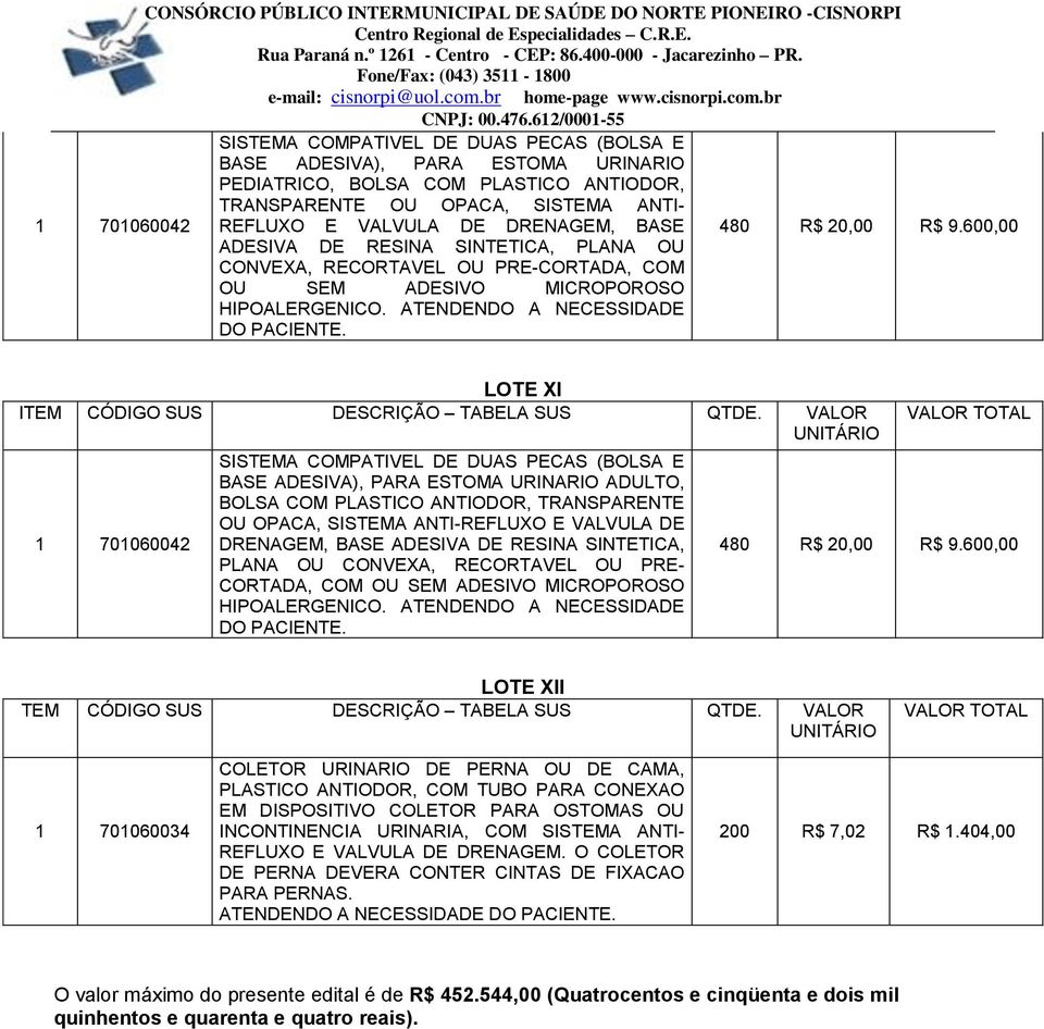 LOTE XI ITEM CÓDIGO SUS DESCRIÇÃO TABELA SUS QTDE.