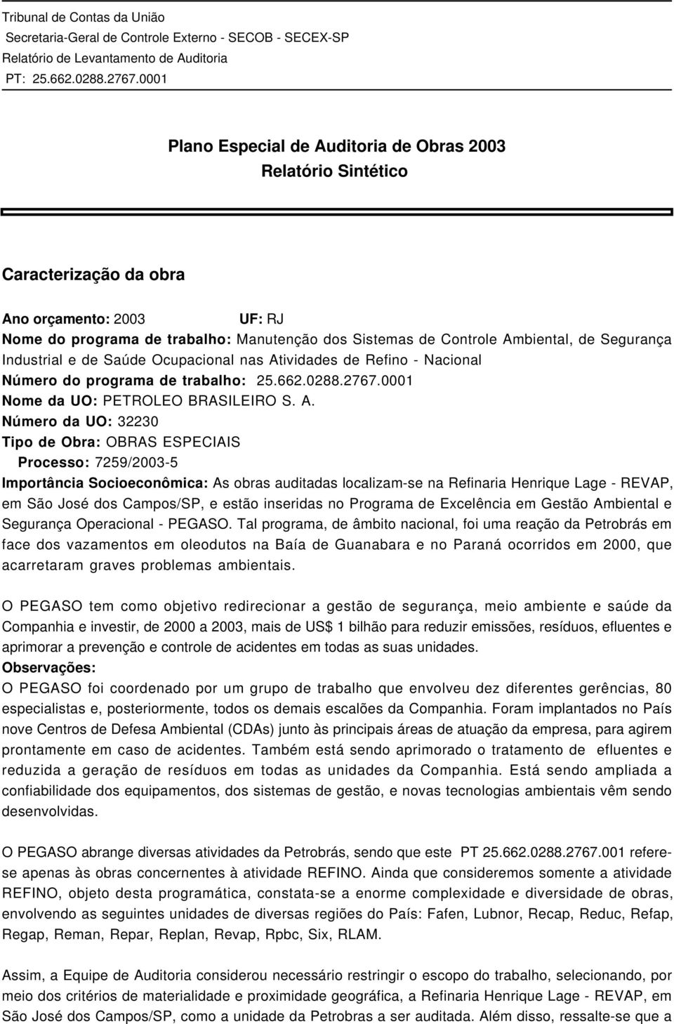 ividades de Refino - Nacional Número do programa de trabalho: 25.662.0288.2767.0001 Nome da UO: PETROLEO BRASILEIRO S. A.