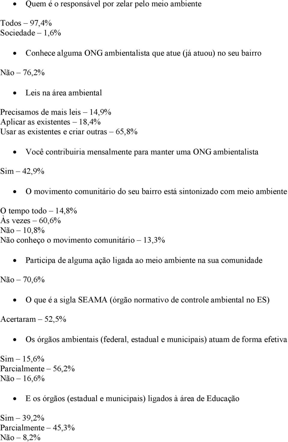 sintonizado com meio ambiente O tempo todo 14,8% Às vezes 60,6% Não 10,8% Não conheço o movimento comunitário 13,3% Participa de alguma ação ligada ao meio ambiente na sua comunidade Não 70,6% O que