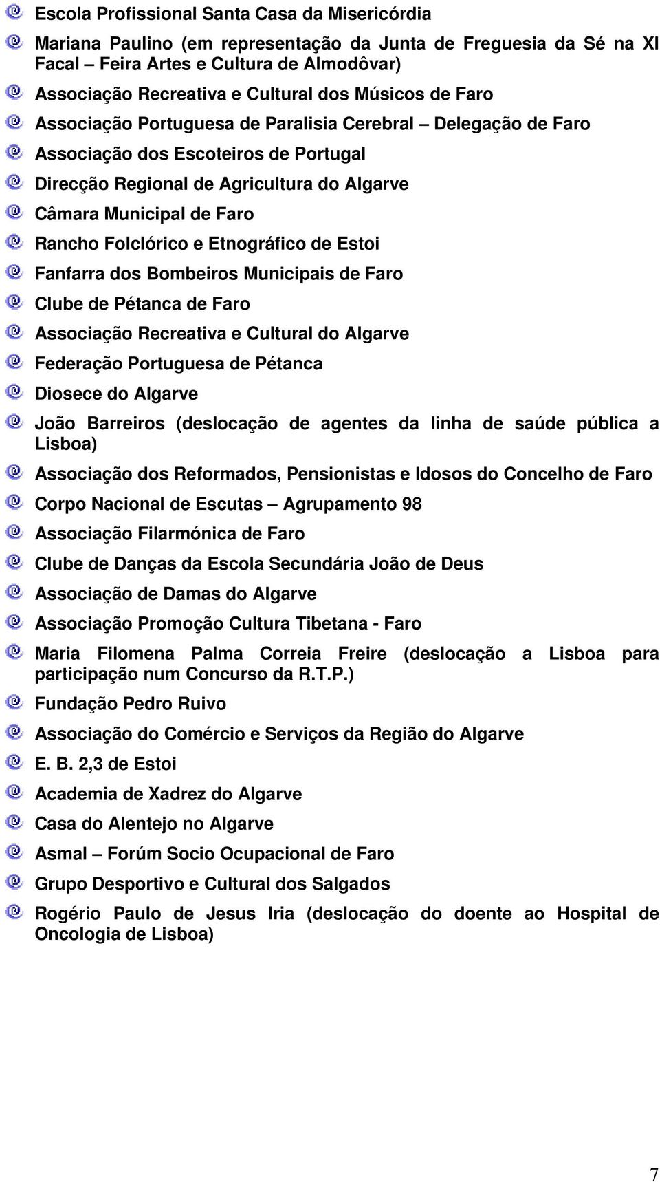 Folclórico e Etnográfico de Estoi Fanfarra dos Bombeiros Municipais de Faro Clube de Pétanca de Faro Associação Recreativa e Cultural do Algarve Federação Portuguesa de Pétanca Diosece do Algarve