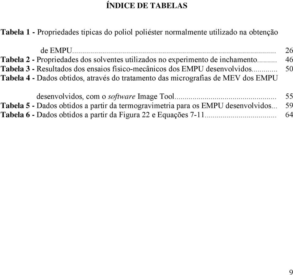 .. 46 Tabela 3 - Resultados dos ensaios físico-mecânicos dos EMPU desenvolvidos.