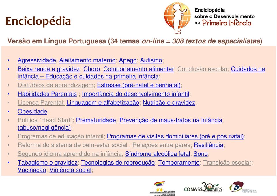 infantil; Licença Parental; Linguagem e alfabetização; Nutrição e gravidez; Obesidade; Política Head Start ; Prematuridade; Prevenção de maus-tratos na infância (abuso/negligência); Programas de