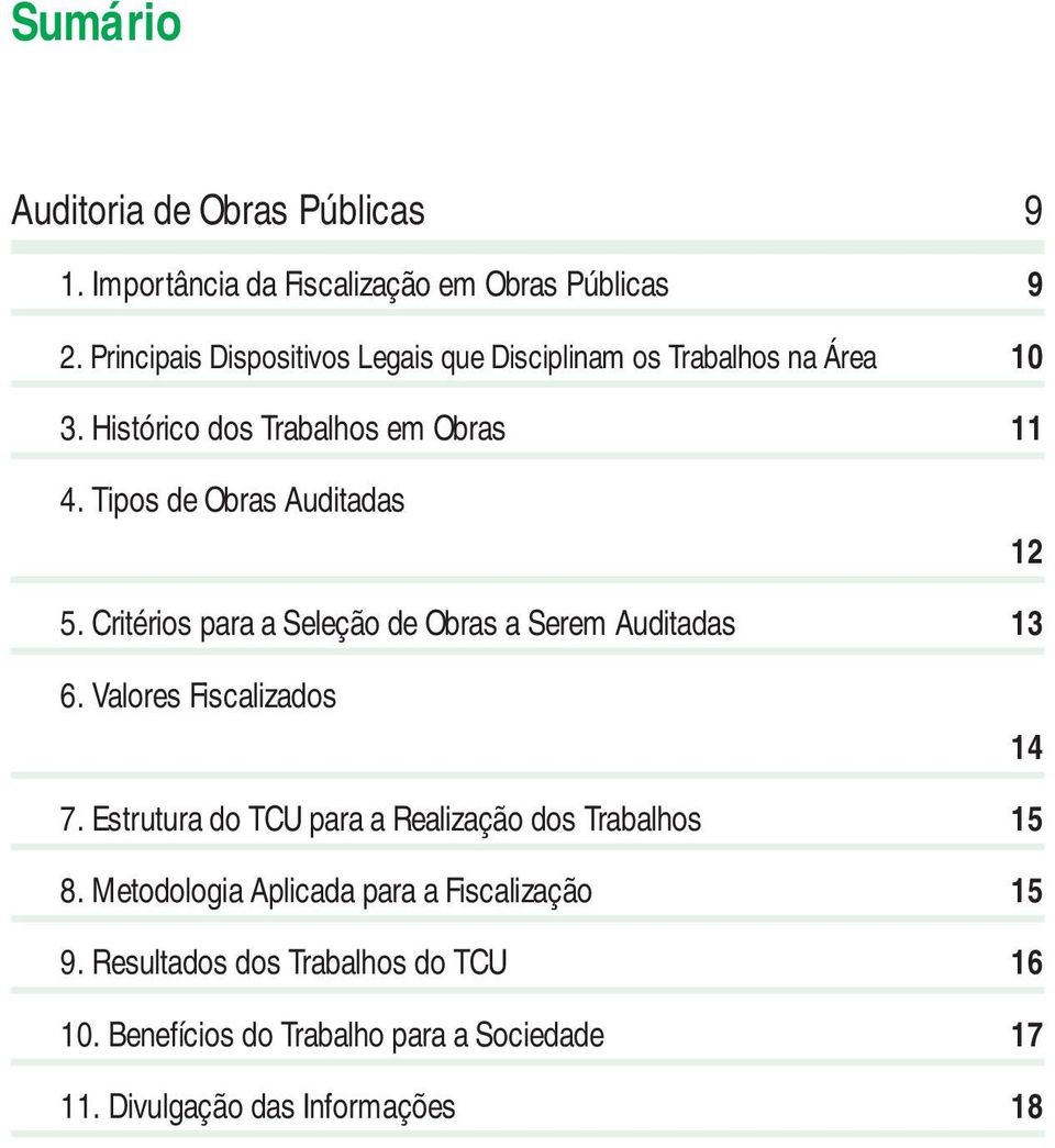 Tipos de Obras Auditadas 12 5. Critérios para a Seleção de Obras a Serem Auditadas 13 6. Valores Fiscalizados 14 7.