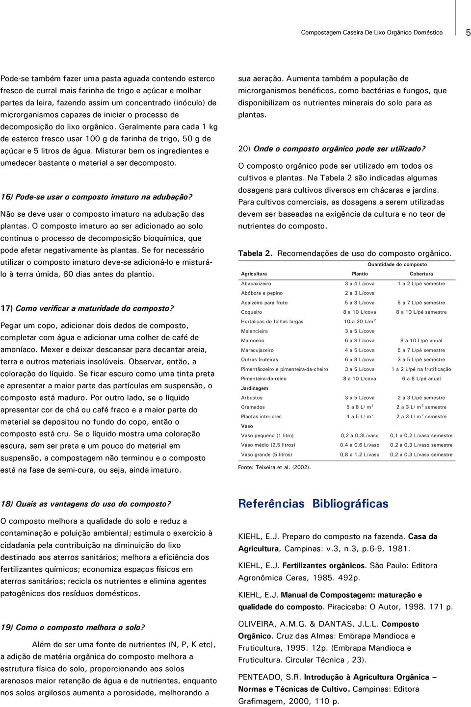 Geralmente para cada 1 kg de esterco fresco usar 100 g de farinha de trigo, 50 g de açúcar e 5 litros de água. Misturar bem os ingredientes e umedecer bastante o material a ser decomposto.