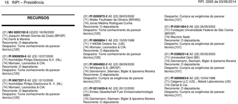 Despacho: Tome conhecimento do parecer técnico.[120] (21) PI 0007227-3 A2 (22) 12/10/2000 (71) Koninklijke Philips Electronics N. V. (NL) (74) Momsen, Leonardos & CIA. Recorrente: O depositante.