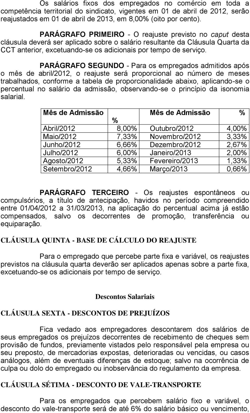 PARÁGRAFO SEGUNDO - Para os empregados admitidos após o mês de abril/2012, o reajuste será proporcional ao número de meses trabalhados, conforme a tabela de proporcionalidade abaixo, aplicando-se o