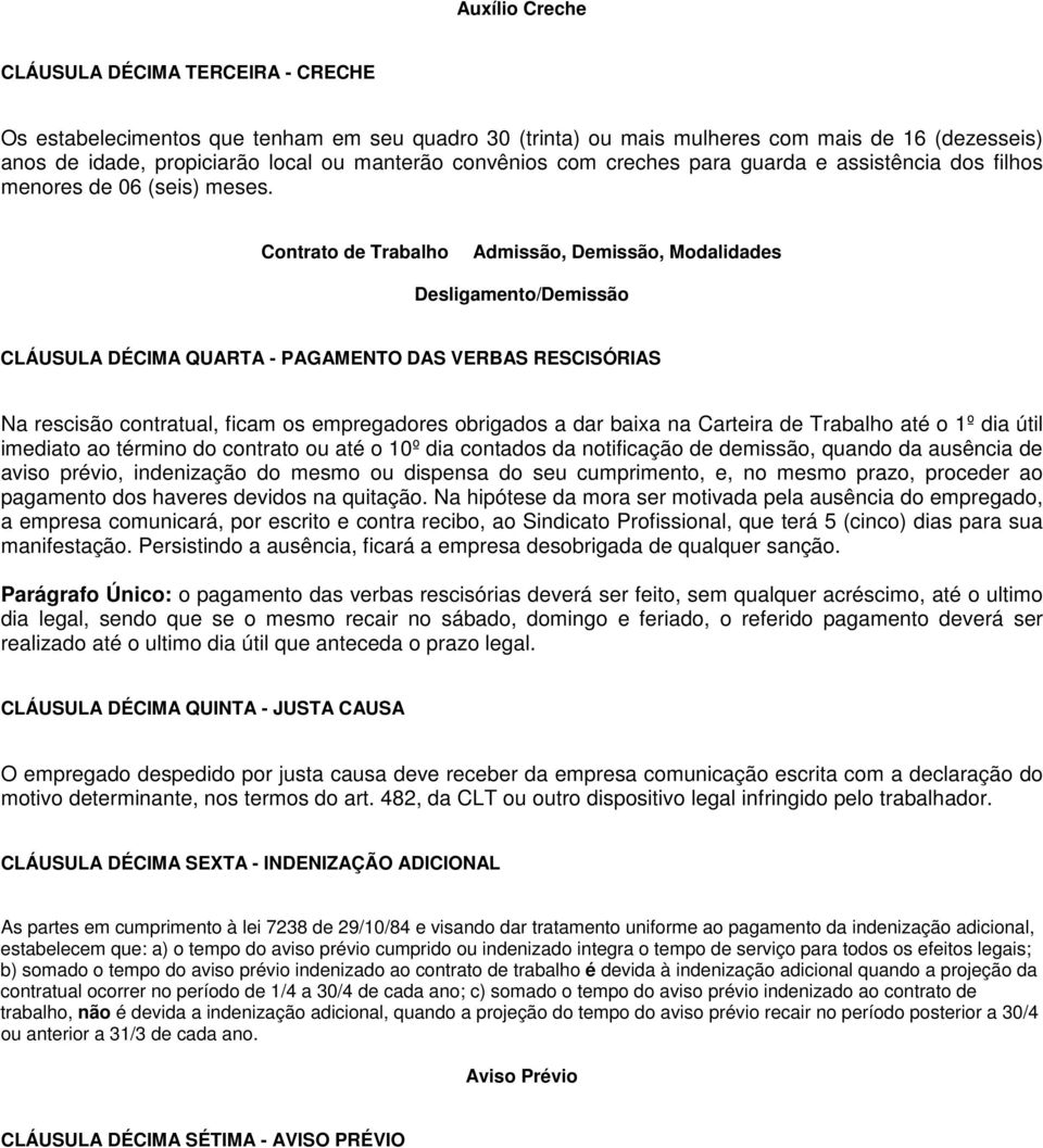 Contrato de Trabalho Admissão, Demissão, Modalidades Desligamento/Demissão CLÁUSULA DÉCIMA QUARTA - PAGAMENTO DAS VERBAS RESCISÓRIAS Na rescisão contratual, ficam os empregadores obrigados a dar