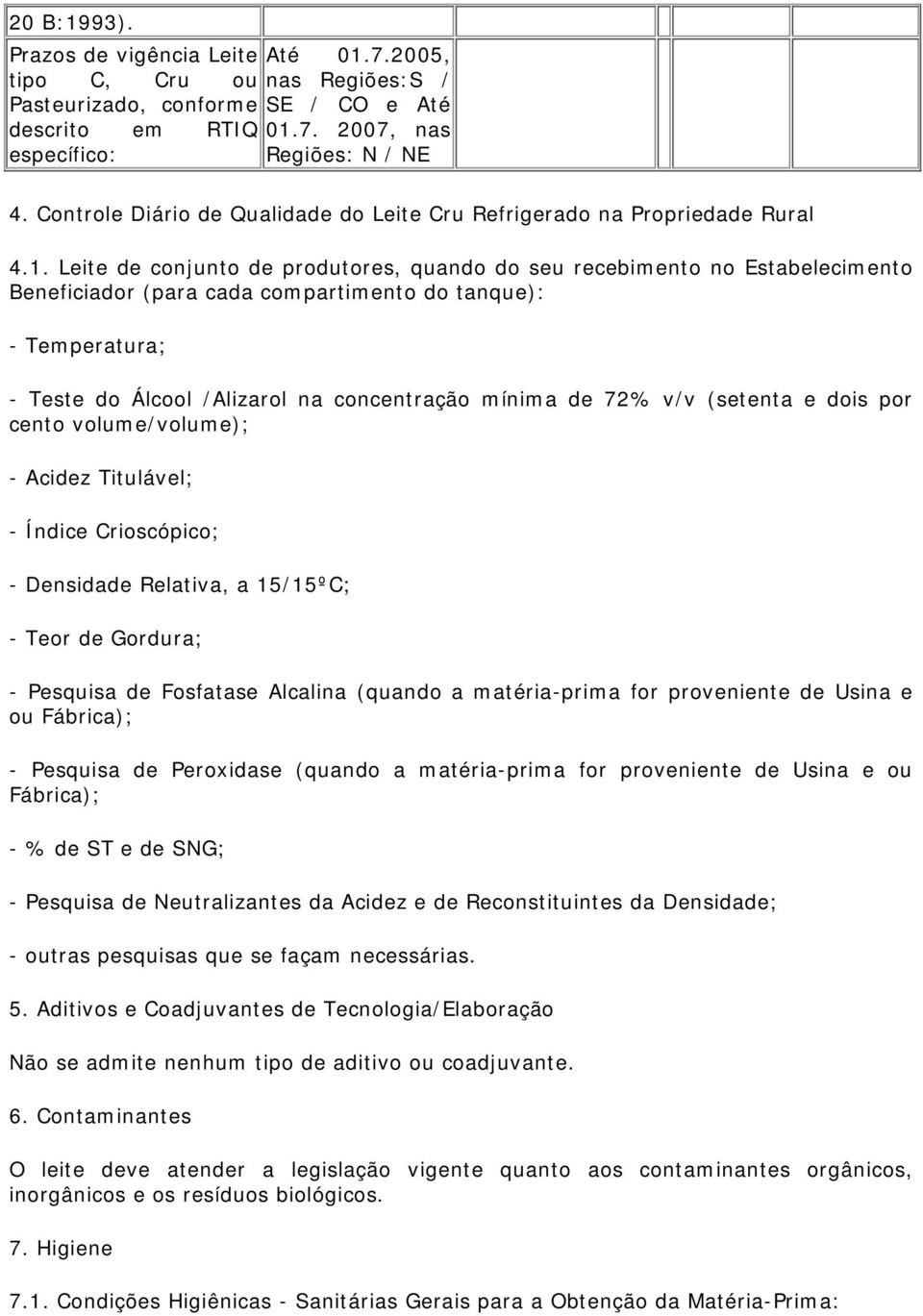 Leite de conjunto de produtores, quando do seu recebimento no Estabelecimento Beneficiador (para cada compartimento do tanque): - Temperatura; - Teste do Álcool /Alizarol na concentração mínima de