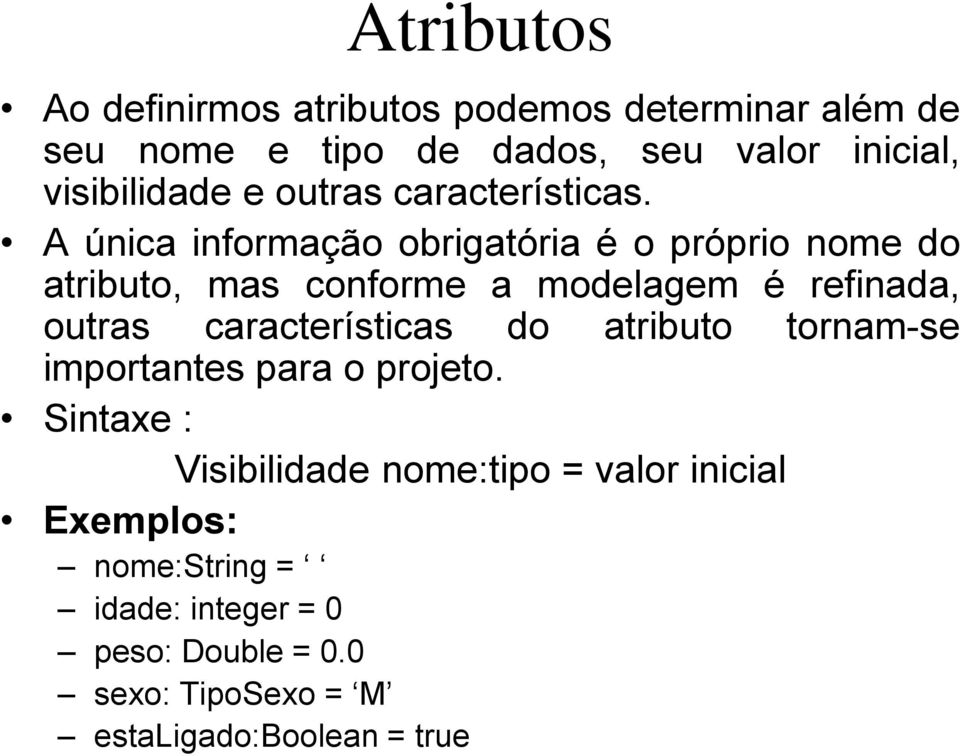 A única informação obrigatória é o próprio nome do atributo, mas conforme a modelagem é refinada, outras