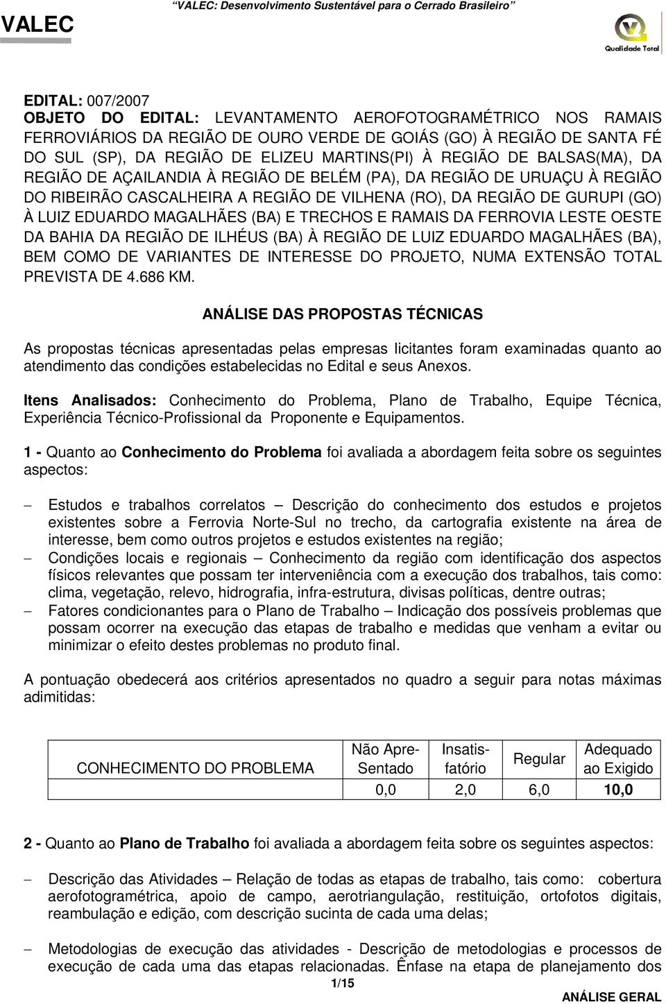 (BA) E TRECHOS E RAMAIS DA FERROVIA LESTE OESTE DA BAHIA DA REGIÃO DE ILHÉUS (BA) À REGIÃO DE LUIZ EDUARDO MAGALHÃES (BA), BEM COMO DE VARIANTES DE INTERESSE DO PROJETO, NUMA EXTENSÃO TOTAL PREVISTA