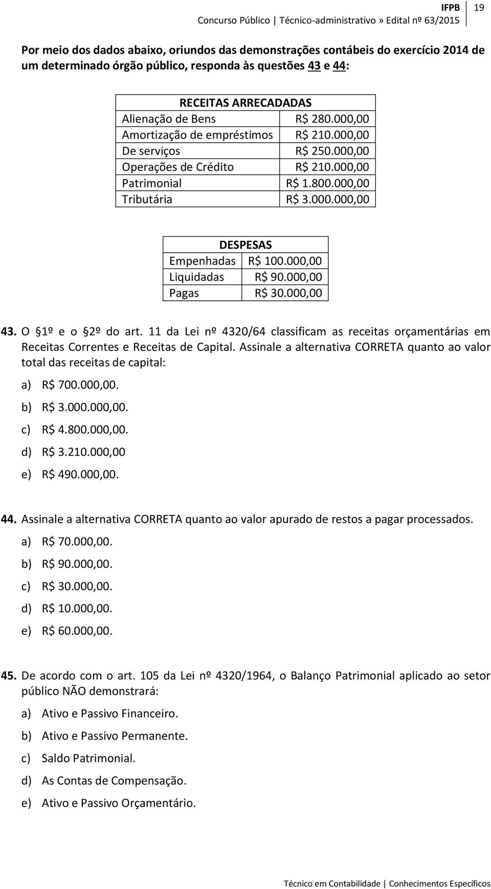 000,00 Liquidadas R$ 90.000,00 Pagas R$ 30.000,00 43. O 1º e o 2º do art. 11 da Lei nº 4320/64 classificam as receitas orçamentárias em Receitas Correntes e Receitas de Capital.