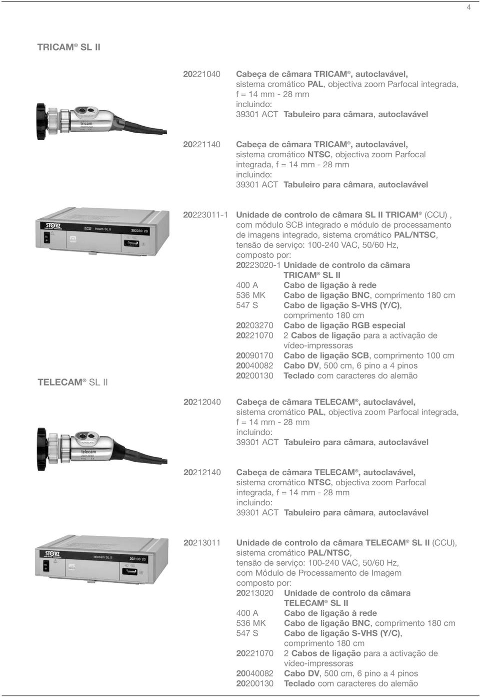 imagens integrado, sistema cromático PAL/NTSC, tensão de serviço: 100-240 VAC, 50/60 Hz, composto por: 20223020-1 Unidade de controlo da câmara TRICAM SL II 400 A Cabo de ligação à rede 536 MK Cabo